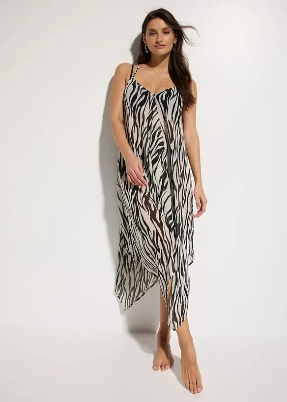 Transparentes Strand Maxikleid aus leichtem Chiffon in schwarz von vorne (Totalaufnahme) - bonprix