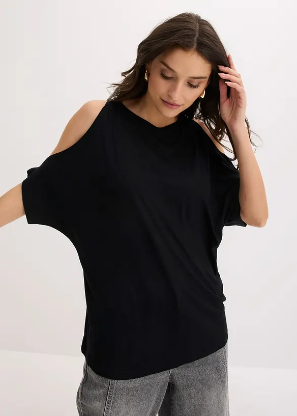 Cold-Shoulder-Shirt aus Viskose in schwarz von vorne (im Anschnitt) - bonprix