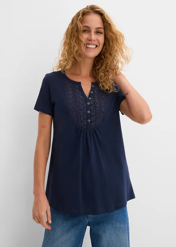 Baumwoll Flammgarn-Shirt, Kurzarm in blau von vorne (im Anschnitt) - bonprix