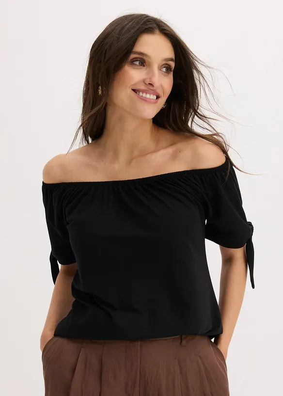 Carmenshirt mit Bindedetail in schwarz von vorne (im Anschnitt) - bonprix Carmenshirt mit Bindedetail in schwarz von vorne (im Anschnitt) - bonprix