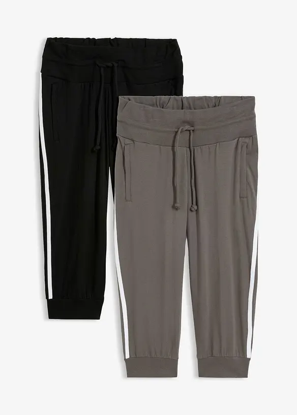 Jogginghose aus Baumwolle (2er Pack), Capri-Länge in schwarz von vorne - bonprix