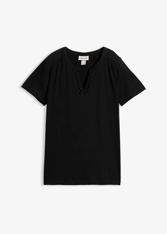Baumwoll-Shirt mit dekorativem Ausschnitt in schwarz von vorne - bonprix Baumwoll-Shirt mit dekorativem Ausschnitt in schwarz von vorne - bonprix