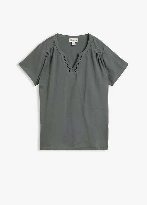 Baumwoll-Shirt mit dekorativem Ausschnitt in grün von vorne - bonprix Baumwoll-Shirt mit dekorativem Ausschnitt in grün von vorne - bonprix