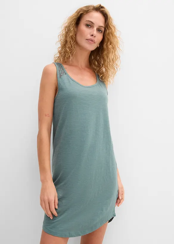 Shirtkleid aus Baumwolle mit Spitze in grün von vorne (Totalaufnahme) - bonprix