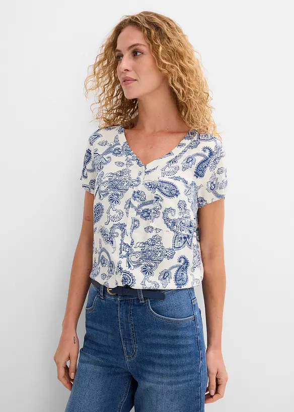 Kurzarm-Bluse aus fließender Viskose in weiß von vorne (im Anschnitt) - bonprix
