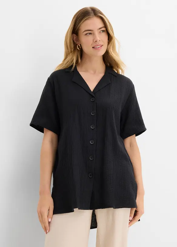 Musselin-Hemdbluse aus reiner Baumwolle in schwarz von vorne (im Anschnitt) - bonprix