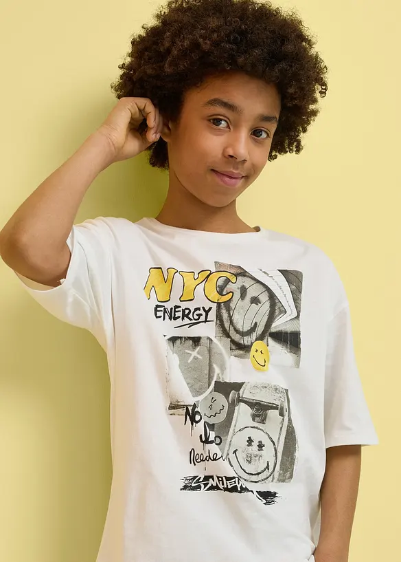 Smiley World T-Shirt aus reiner Baumwolle in Loose Fit in weiß von vorne (im Anschnitt) - SmileyWorld