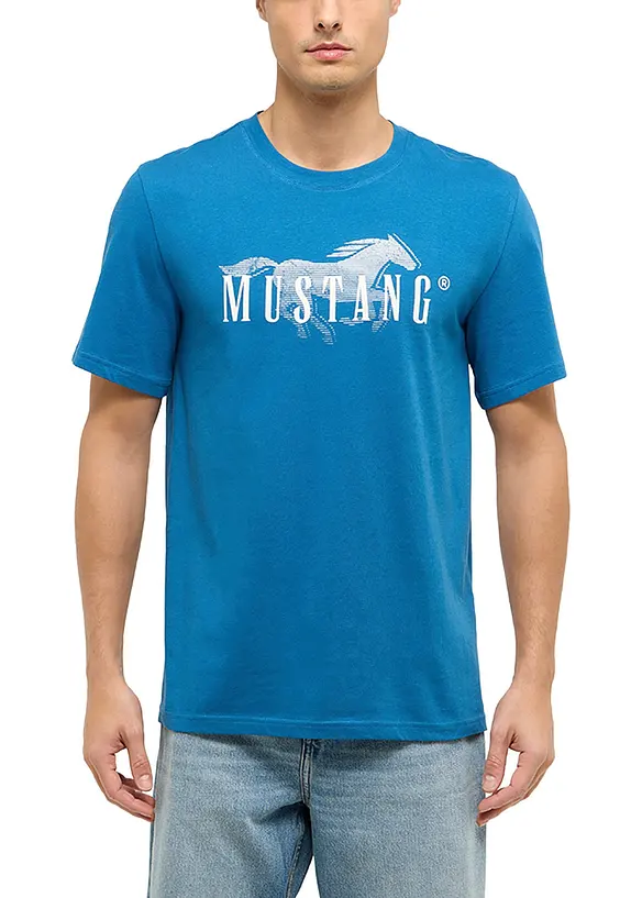 Mustang Austin T-Shirt aus reiner Bio-Baumwolle in blau von vorne (im Anschnitt) - Mustang Jeans