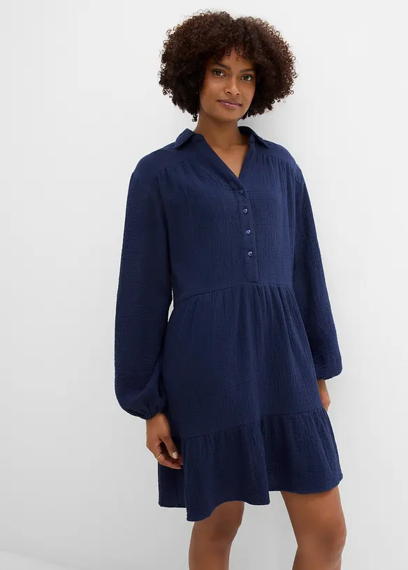 Kurzes Stufen-Kleid aus Musselin in blau von vorne (Totalaufnahme) - bonprix