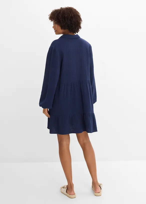 Kurzes Stufen-Kleid aus Musselin in blau von hinten (Totalaufnahme) - bonprix
