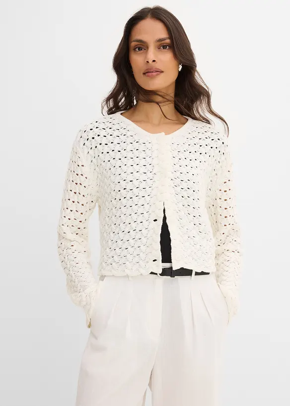 Ajour-Strickjacke in weiß von vorne (im Anschnitt) - bonprix