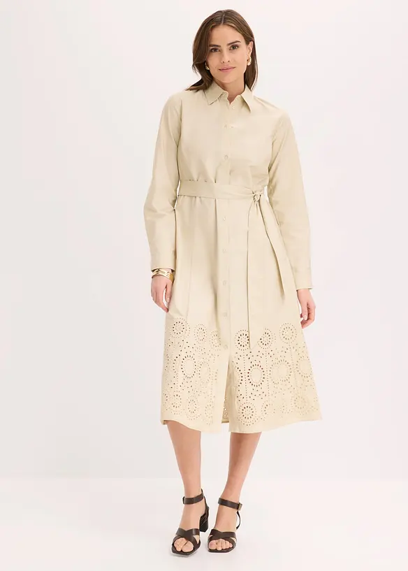 Hemdblusenkleid mit Lochstickerei in beige von vorne (Totalaufnahme) - bonprix Hemdblusenkleid mit Lochstickerei in beige von vorne (Totalaufnahme) - bonprix