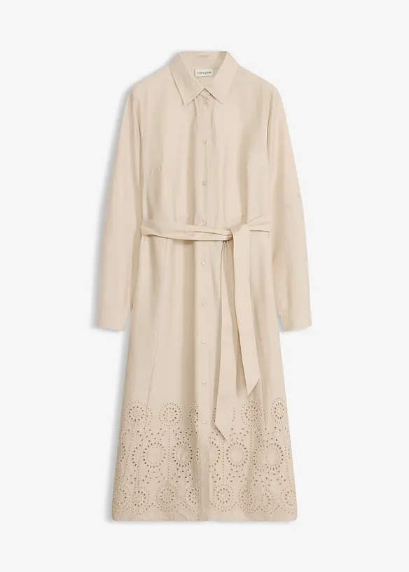 Hemdblusenkleid mit Lochstickerei in beige von vorne - bonprix Hemdblusenkleid mit Lochstickerei in beige von vorne - bonprix