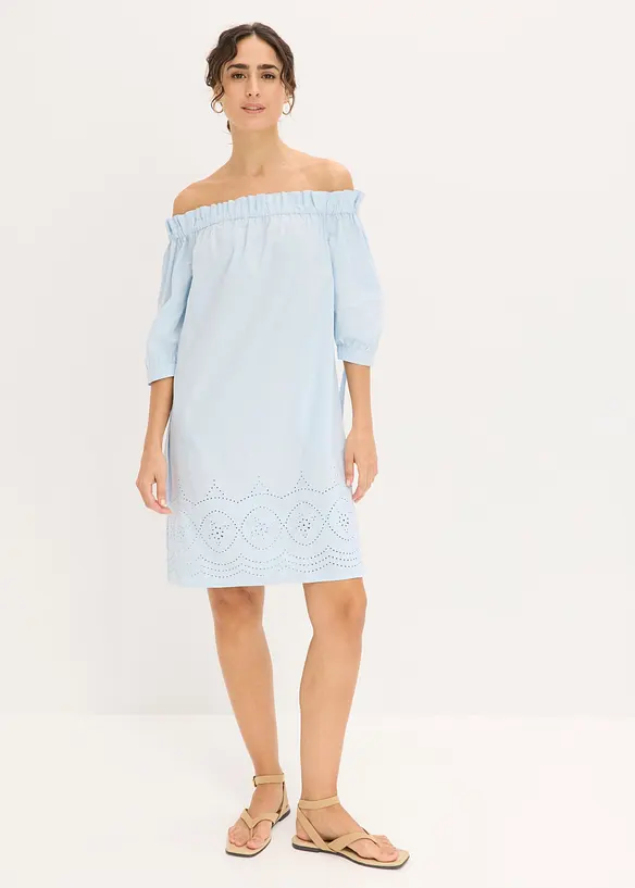 Off-Shoulder-Kleid aus reiner Baumwolle mit Lochstickerei in blau von vorne (Totalaufnahme) - bonprix Off-Shoulder-Kleid aus reiner Baumwolle mit Lochstickerei in blau von vorne (Totalaufnahme) - bonprix