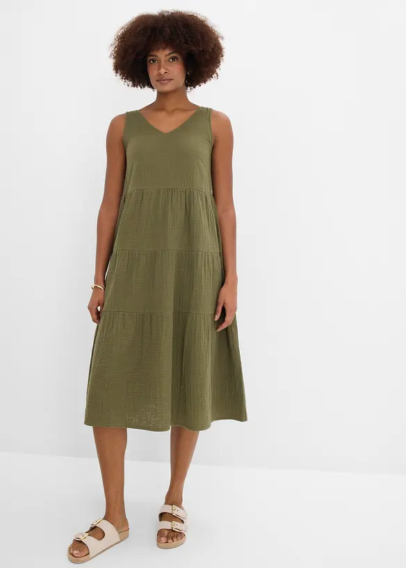 Musselin-Kleid aus reiner Baumwolle in grün von vorne (Totalaufnahme) - bonprix