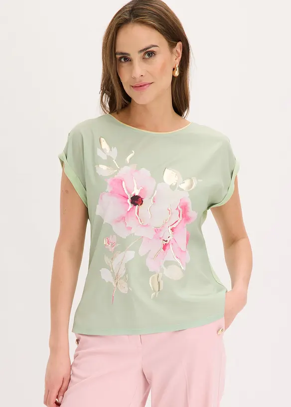 Shirt mit Webeinsatz in grün von vorne (im Anschnitt) - bonprix