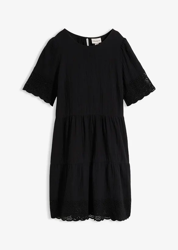 Kleid aus Musselin mit Lochstickerei in schwarz von vorne - bonprix