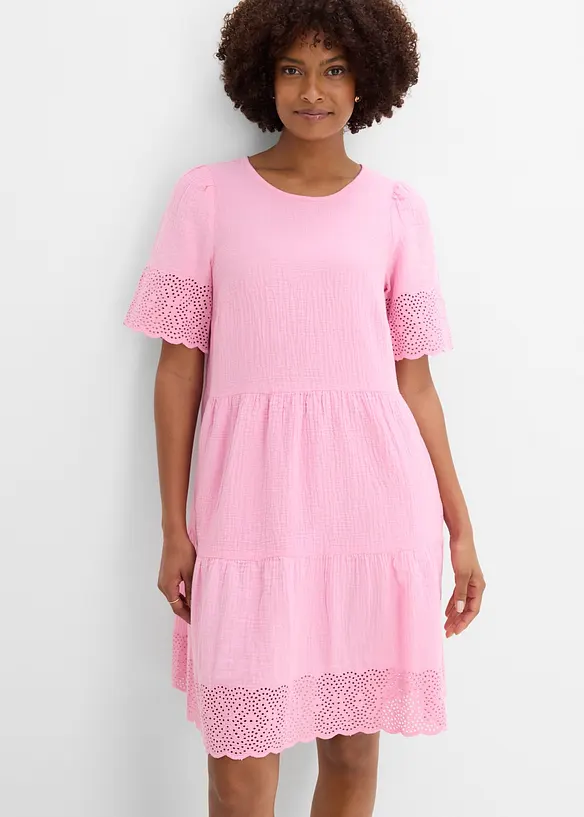 Kleid aus Musselin mit Lochstickerei in rosa von vorne (Totalaufnahme) - bonprix Kleid aus Musselin mit Lochstickerei in rosa von vorne (Totalaufnahme) - bonprix