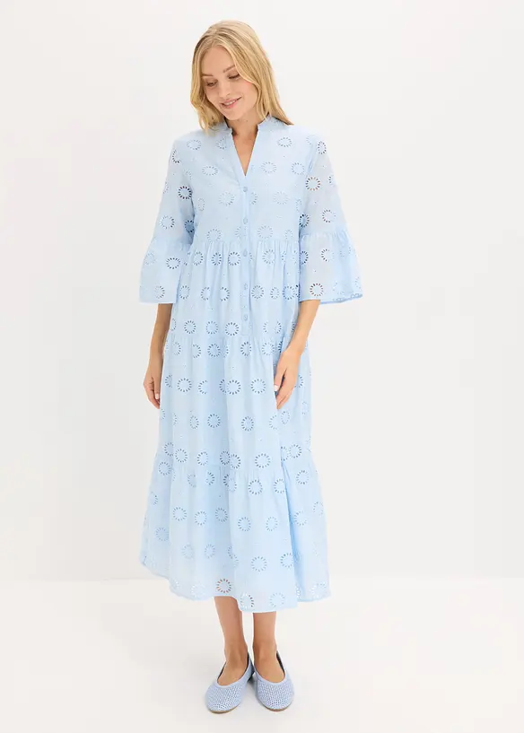 Midikleid aus reiner Baumwolle mit Lochstickerei in blau von vorne (Totalaufnahme) - bonprix Midikleid aus reiner Baumwolle mit Lochstickerei in blau von vorne (Totalaufnahme) - bonprix