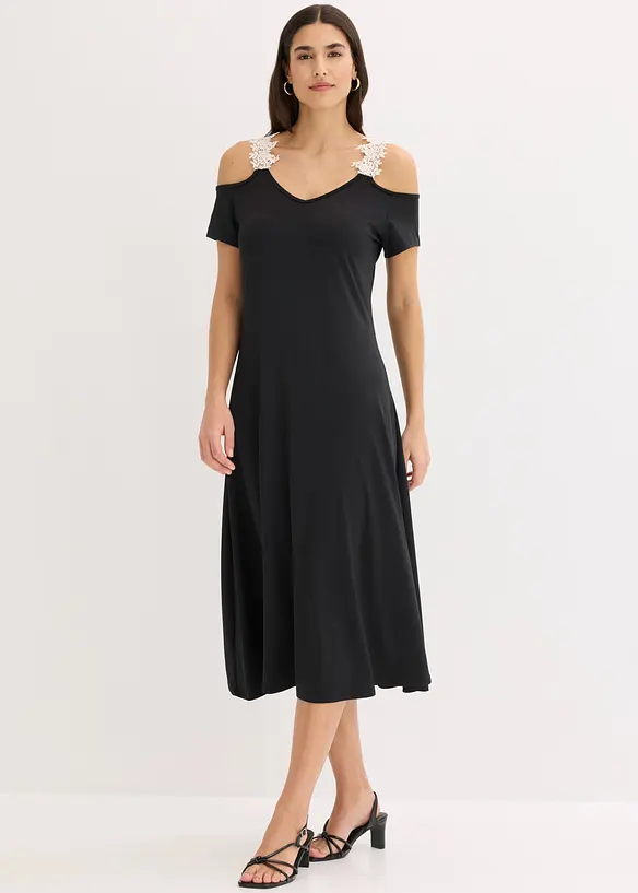 Jerseykleid mit Häkelspitze in schwarz von vorne (Totalaufnahme) - bonprix