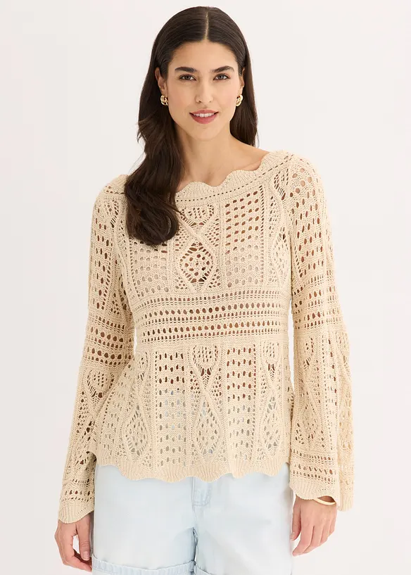 Strickshirt aus Spitze in beige von vorne (im Anschnitt) - bonprix