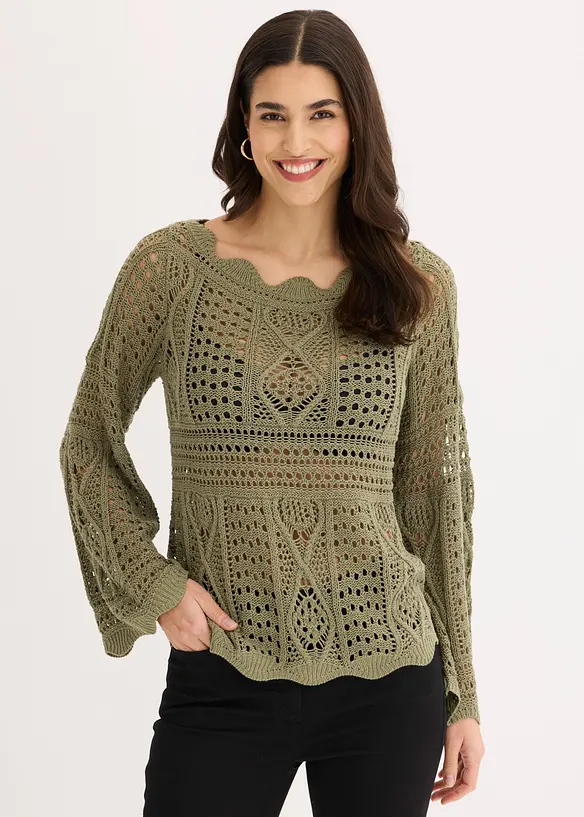 Strickshirt aus Spitze in grün von vorne (im Anschnitt) - bonprix