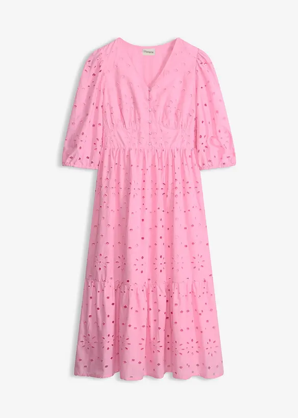 Lochstickerei-Midikleid aus reiner Baumwolle in rosa von vorne - bonprix Lochstickerei-Midikleid aus reiner Baumwolle in rosa von vorne - bonprix