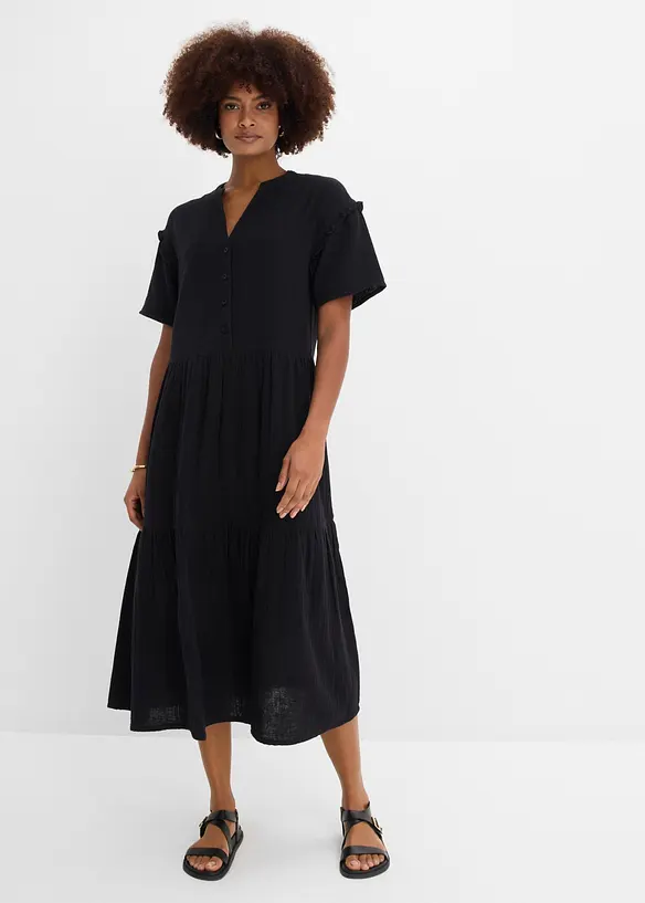 Midikleid aus weichem Musselin in schwarz von vorne (Totalaufnahme) - bonprix