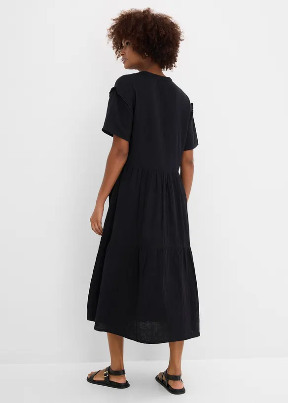 Midikleid aus weichem Musselin in schwarz von hinten (Totalaufnahme) - bonprix