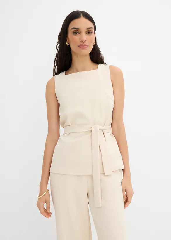 Top aus Piqué mit Bindeband in beige von vorne (im Anschnitt) - bonprix