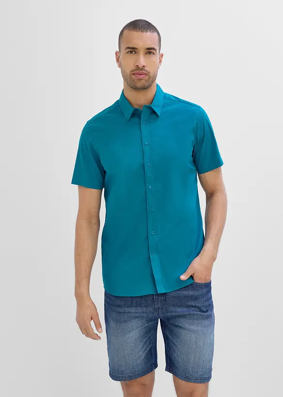 Stretch-Kurzarmhemd in Slim Fit in petrol von vorne (im Anschnitt) - bonprix