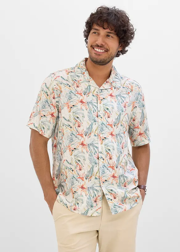 Kurzarmhemd aus Viskose in Regular Fit in beige von vorne (im Anschnitt) - bonprix