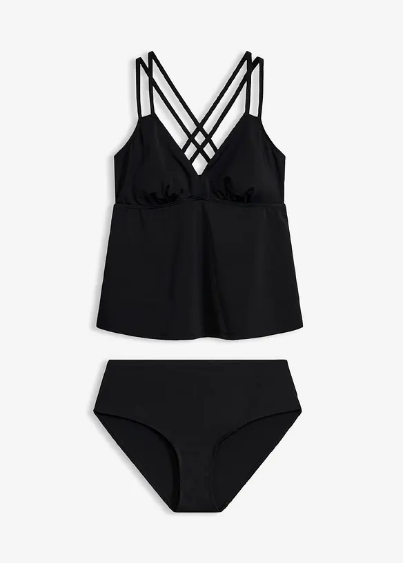 Tankini mit gekreuzten Trägern aus schnelltrocknendem Material (2-tlg.Set) in schwarz von vorne - bonprix