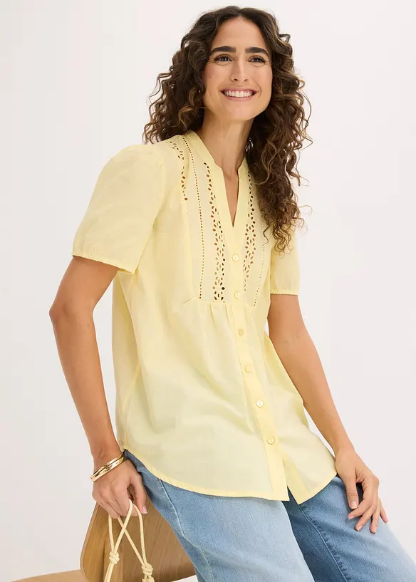 Bluse mit Lochstickerei in gelb von vorne (im Anschnitt) - bonprix Bluse mit Lochstickerei in gelb von vorne (im Anschnitt) - bonprix