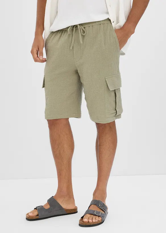 Regular-Fit Cargobermuda aus luftigem Musselin in grau von vorne - bonprix