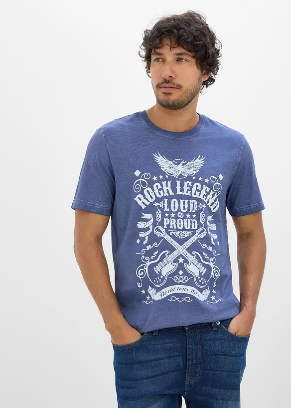 T-Shirt in gewaschener Optik aus reiner Bio-Baumwolle in blau von vorne (im Anschnitt) - bonprix