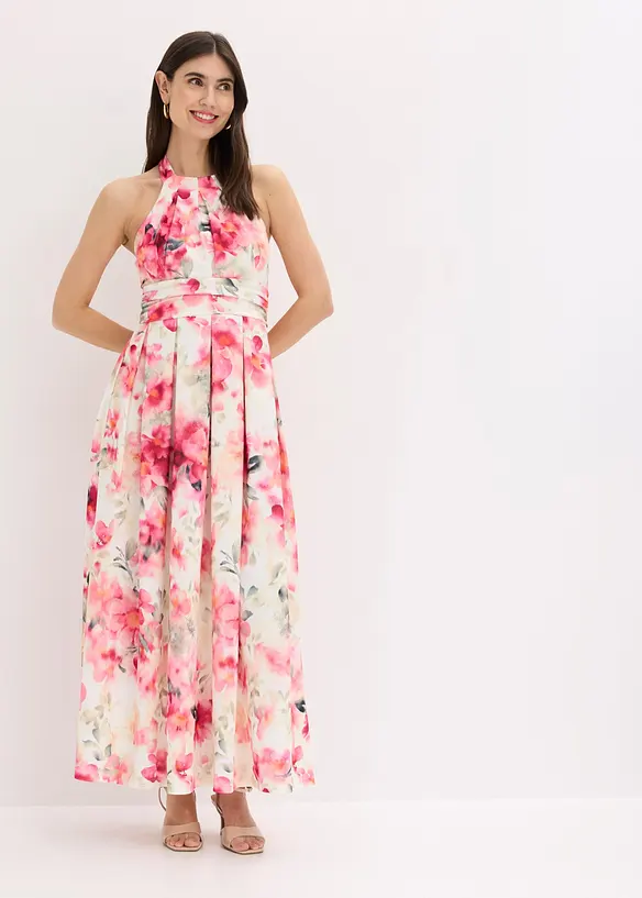 Neckholder-Kleid aus strukturiertem Crepe in weiß von vorne (Totalaufnahme) - bonprix