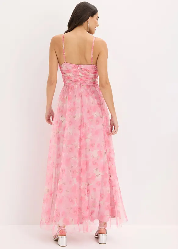 Maxikleid aus zartem Tüll mit Drapierung in weiß von hinten (Totalaufnahme) - bonprix