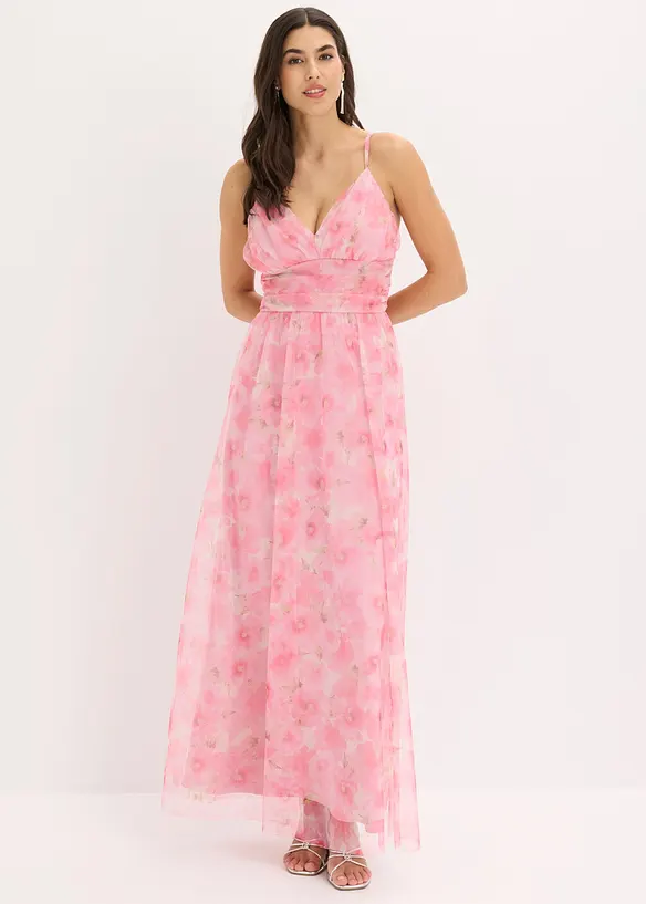 Maxikleid aus zartem Tüll mit Drapierung in weiß von vorne (Totalaufnahme) - bonprix