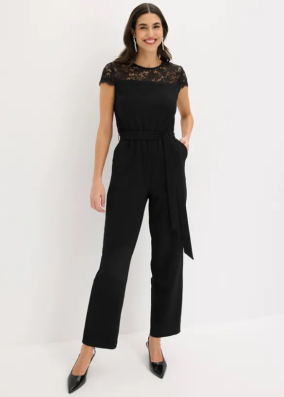 Overall aus feinem Jersey mit Spitze in schwarz von vorne (Totalaufnahme) - bonprix Overall aus feinem Jersey mit Spitze in schwarz von vorne (Totalaufnahme) - bonprix