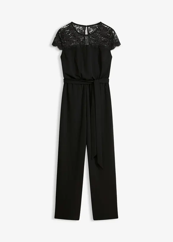 Overall aus feinem Jersey mit Spitze in schwarz von vorne - bonprix Overall aus feinem Jersey mit Spitze in schwarz von vorne - bonprix