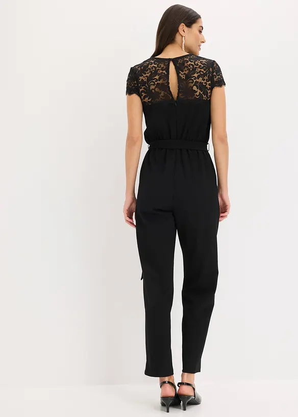 Overall aus feinem Jersey mit Spitze in schwarz von hinten (Totalaufnahme) - bonprix Overall aus feinem Jersey mit Spitze in schwarz von hinten (Totalaufnahme) - bonprix
