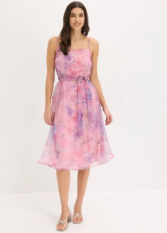 Midikleid aus zartem Tüll mit Bindeband in weiß von vorne (Totalaufnahme) - bonprix