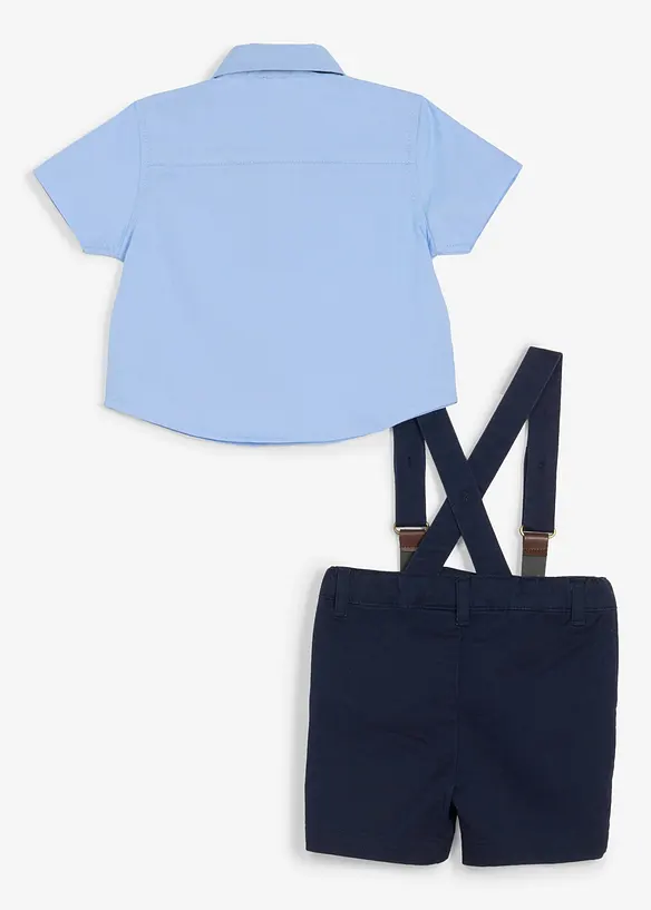 Baby Kurzarmhemd, Bermuda, Hosenträger und Fliege (4-tlg.Set) in blau von hinten - bonprix