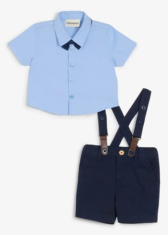 Baby Kurzarmhemd, Bermuda, Hosenträger und Fliege (4-tlg.Set) in blau von vorne - bonprix