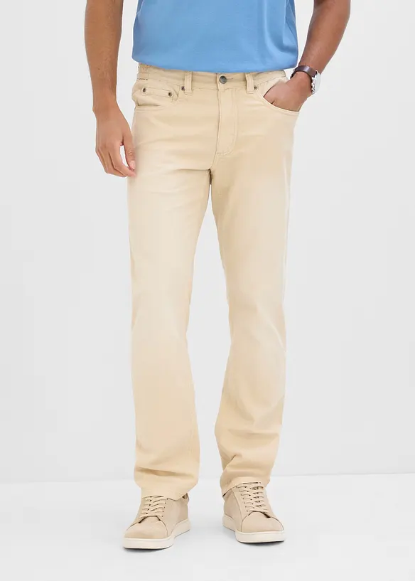Leichte Regular Fit Jeans mit Dehnbund aus colored Denim, Straight in beige von vorne - bonprix