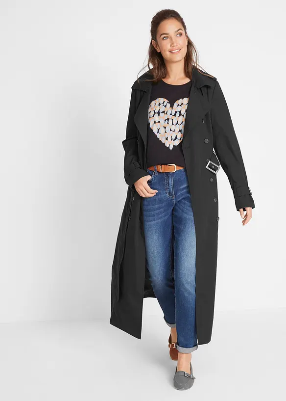 Long-Trenchcoat mit Taillengürtel in schwarz von vorne (Totalaufnahme) - bonprix