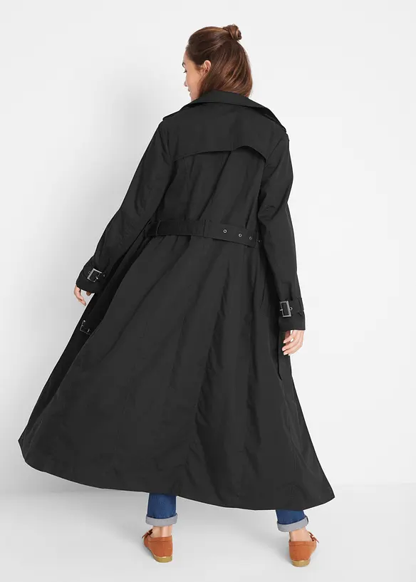 Long-Trenchcoat mit Taillengürtel in schwarz von hinten (Totalaufnahme) - bonprix