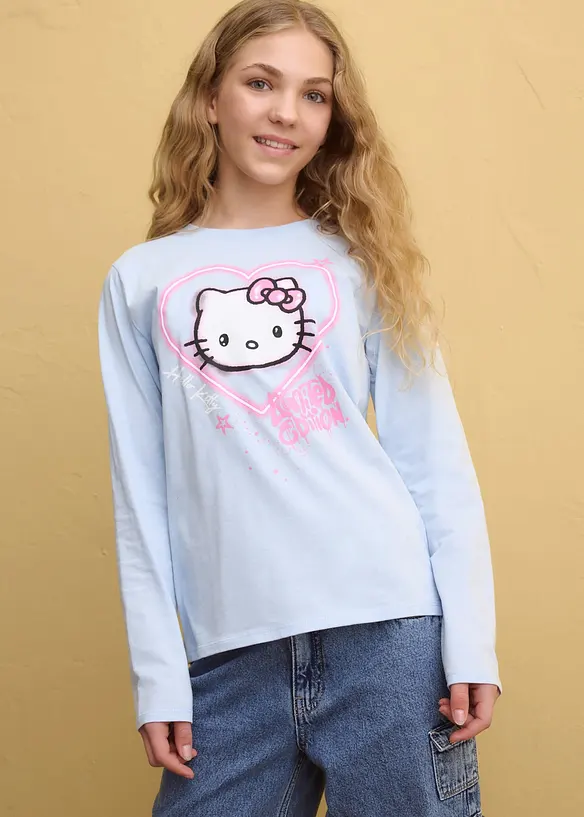 Hello Kitty Langarmshirt aus reiner Baumwolle in blau von vorne (im Anschnitt) - Hello Kitty
