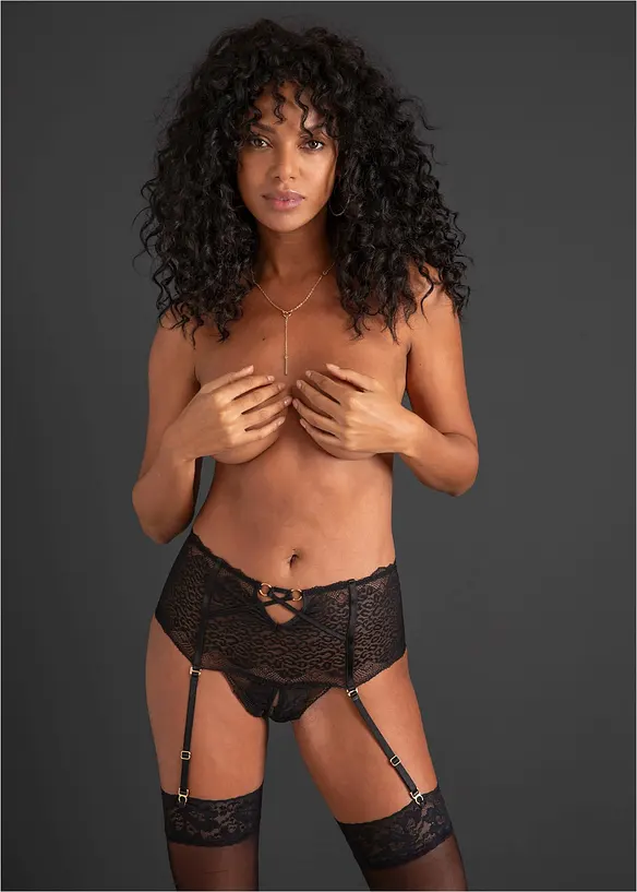 High Waist String ouvert mit Strapshalter in schwarz von vorne - bonprix